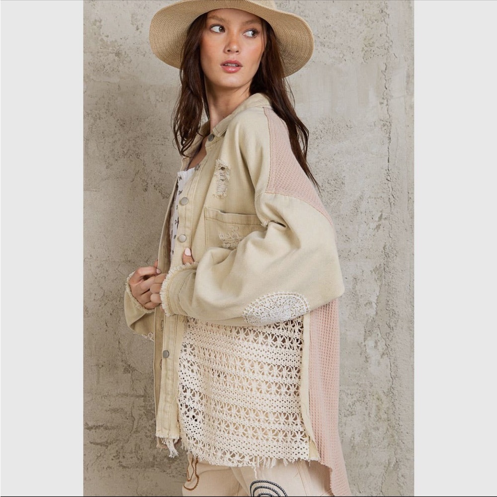 POL Cream Embroidered Crochet Lace Button Down Shacket - Picture 3 of 6